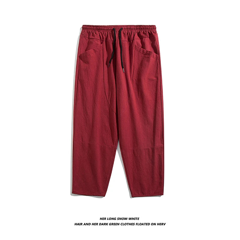 100% Cotton Ankle Length Pants Summer Casual Pants Man Trendy Japanese Loose Pants Men