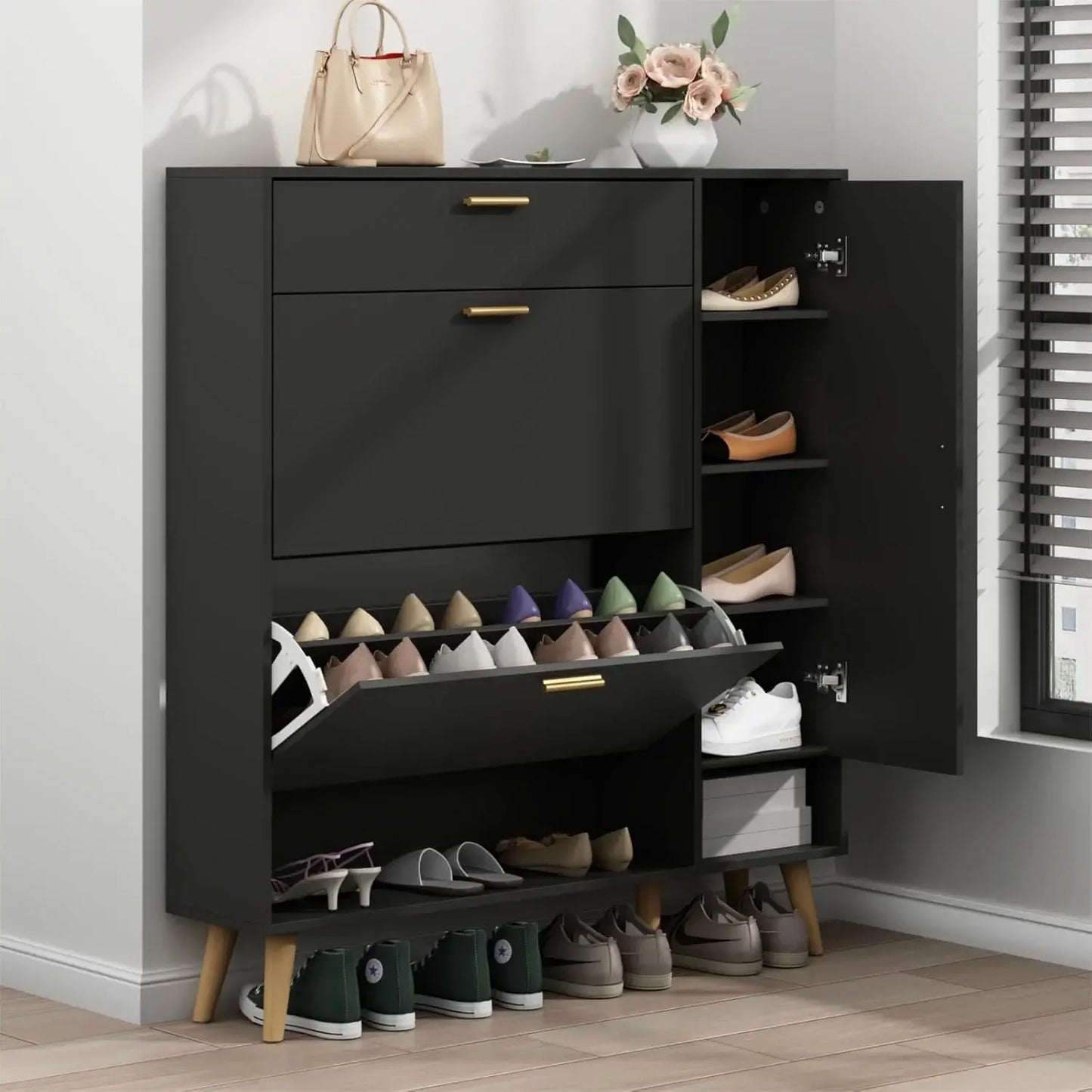 Shoe Rack Cabinet, Free Standing Shoes Storage Organizer Cabinet with 2 Flip Drawers, Entryway Narrow Shoe Rack Storage