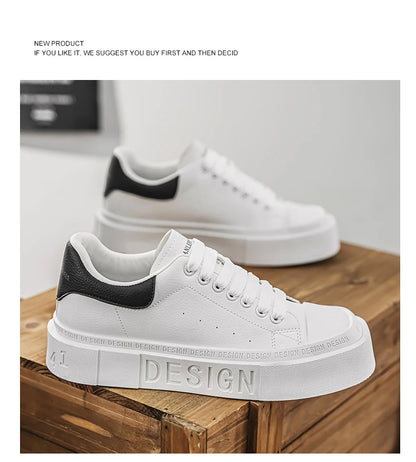 HKDQ Fashion Design White Sneakers Men Comfortable Leather Low-cut Platform Sneakers Men Trend Casual Lace-up Men's Skate Shoes