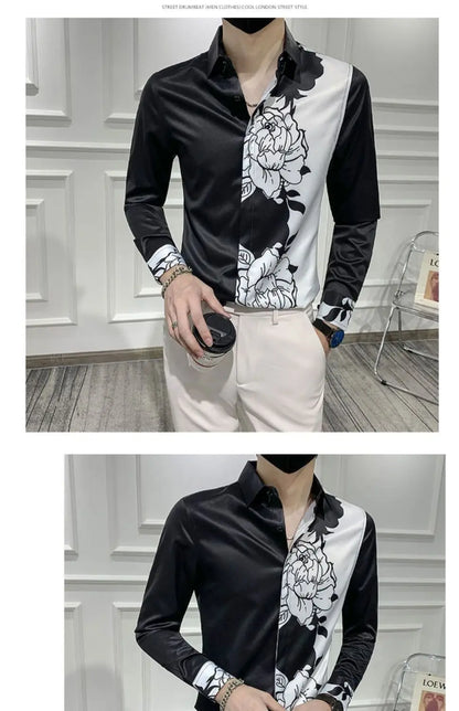 Spring Autumn New Blouse Men's Turn-down Collar Floral Printing Single Breasted Long Sleeve Shirt Fashion Casual Men's Clothing