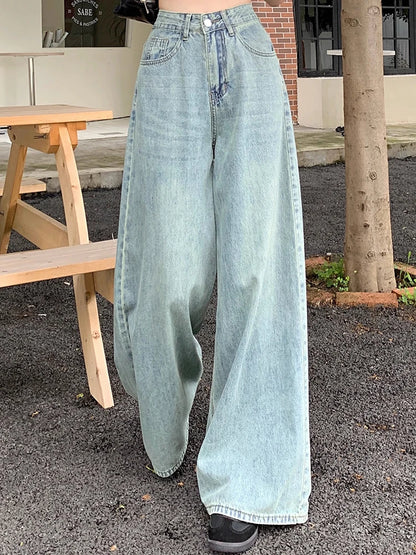 Women High Waist Korean Slacks Wide Leg Jeans Girls Punk 90s Vintage Denim Straight Leg Pants Female Light Blue Baggy Trousers