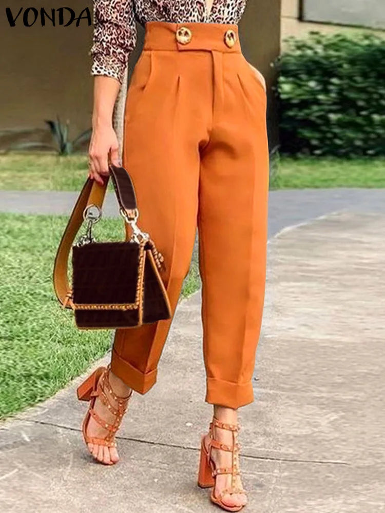 VONDA Elegant Pants Women High Waist Long Trousers 2024 Autumn Office Buttons Solid Color Pleated Casual Loose Trousers Oversize