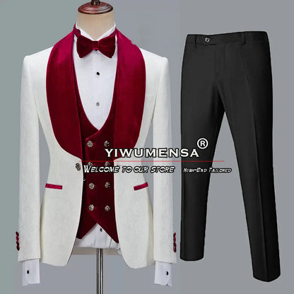 Latest Men Suits White Jacquard Black Velvet Lapel Blazer Sets Formal Wedding Groomsman Tuxedo Tailor-Made Man Marriage Clothing