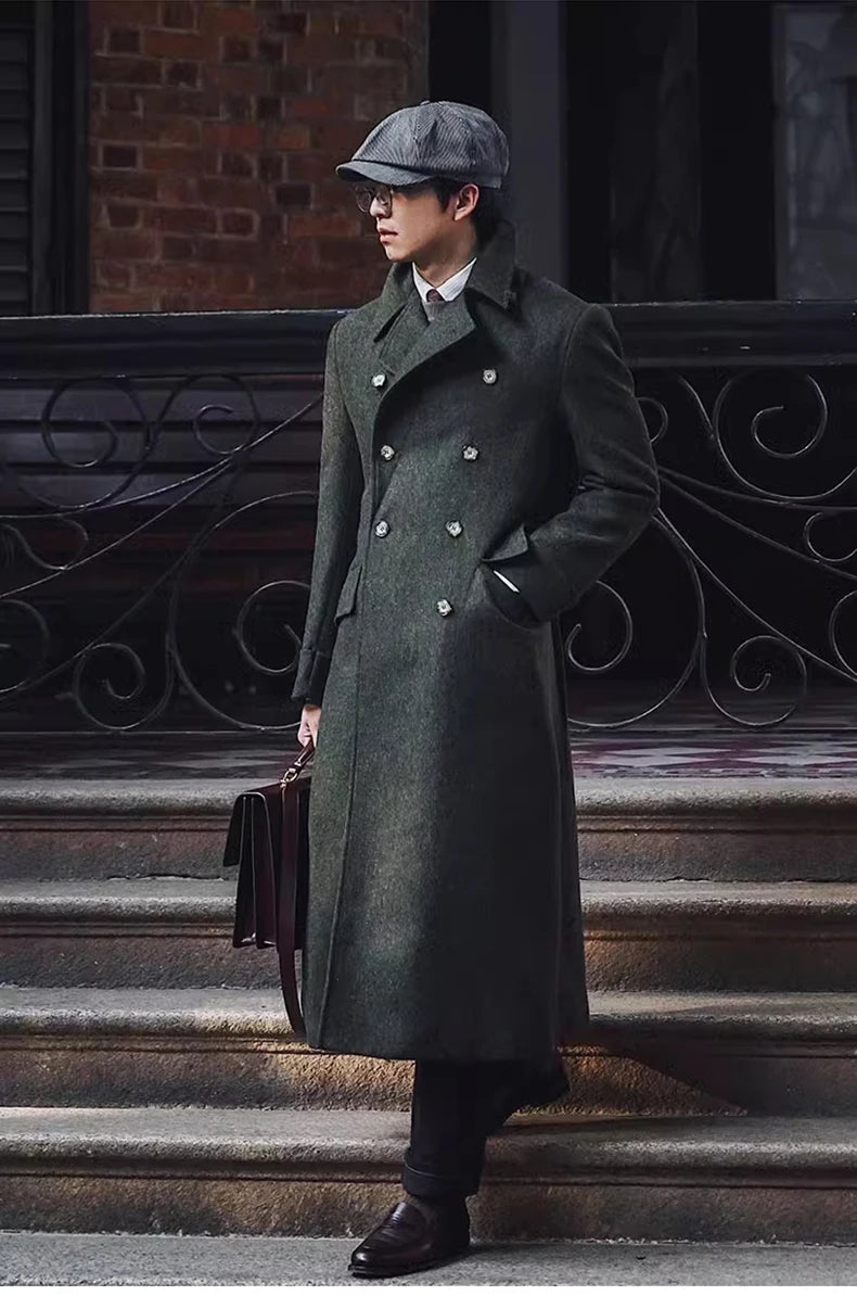 Mauroicardi Autumn Winter Long Warm Green Polo Coat Men Double Breasted Cool Luxury Elegant England Style Wool Blends Overcoat