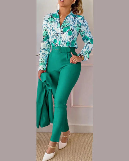 Elegant Women Two Piece Set Suits Fall New Fashion Print Long Sleeve Top Solid Color Pants Set With Belt  Blouses Female Clothes