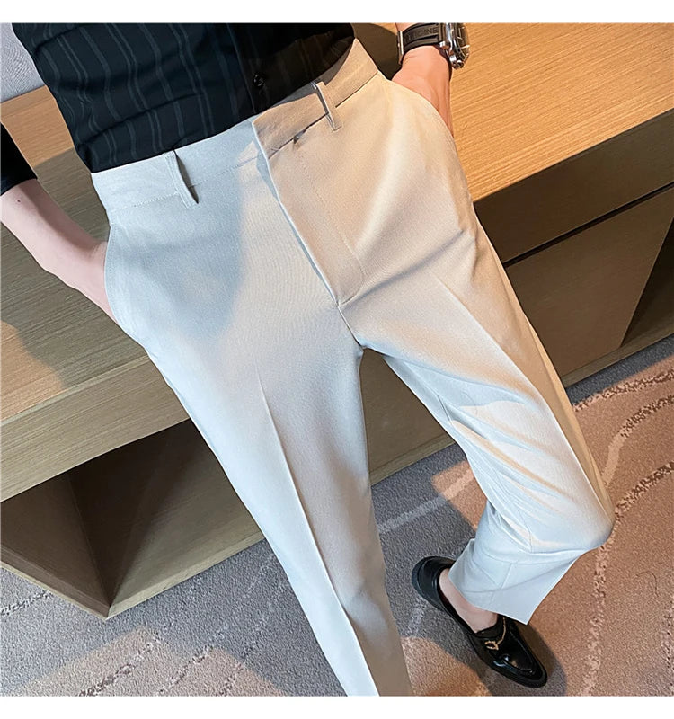 9 Color Summer Fashion Mens Suit Pants Pure Color Business Formal Pants Slim Fit Office Mens Wedding Social Ankle Long Trousers