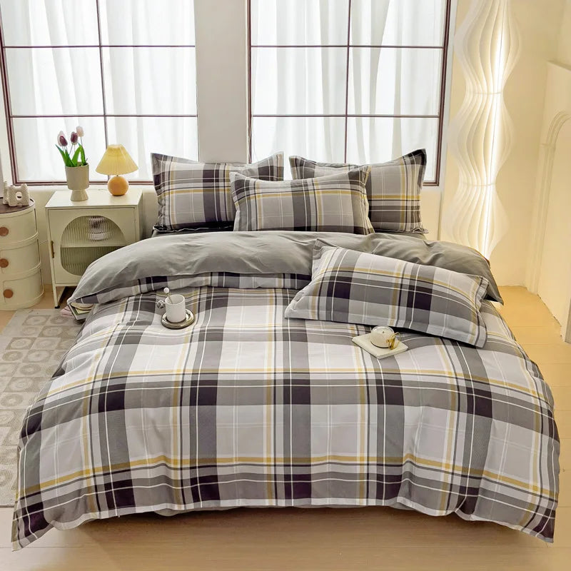 3pcs Gray Plaid Duvet Cover Set with 2 Pillowcases Bedding Sets for Hotel Bedroom Fashion Soft Simple Quilt Cover Pillowcase