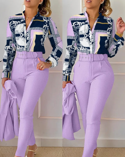 Elegant Women Two Piece Set Suits Fall New Fashion Print Long Sleeve Top Solid Color Pants Set With Belt  Blouses Female Clothes