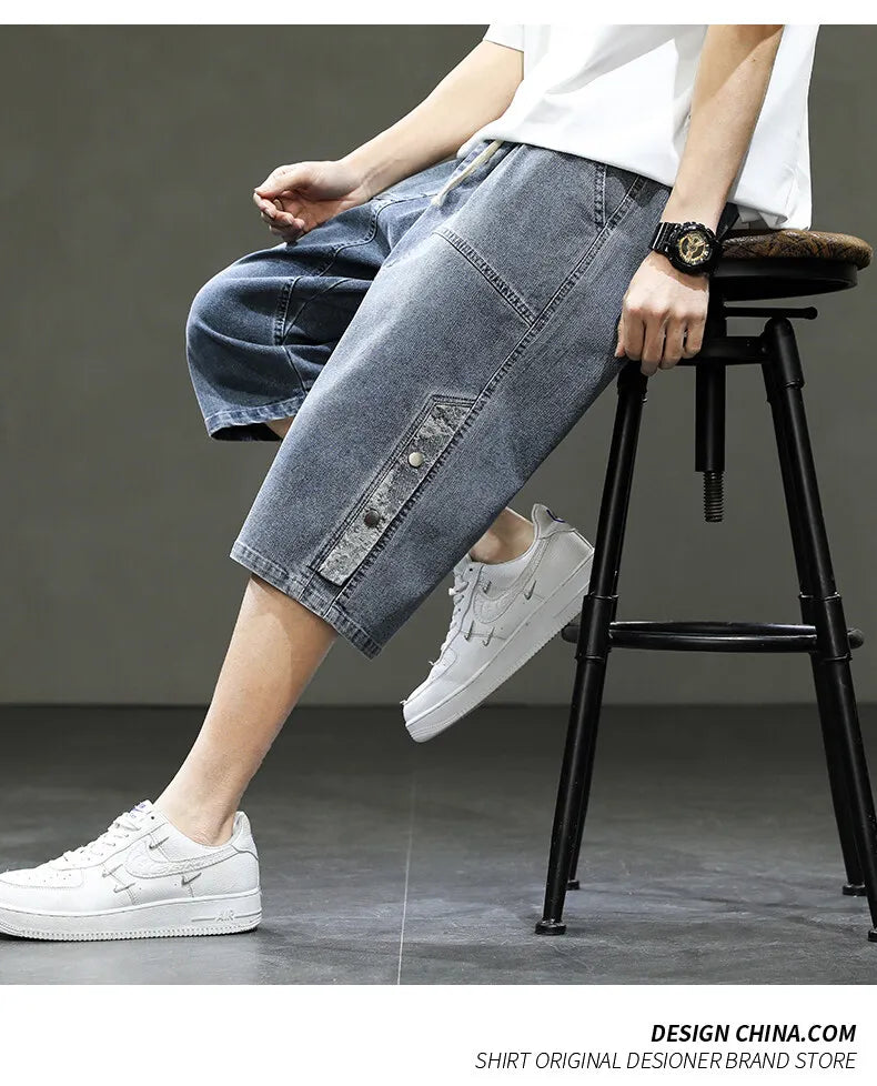 Big Size Denim Shorts Men Summer Streetwear Fashion Male Jean Shorts Y2k Baggy Plus Size 3/4 Long Black Wide Leg Korean Style