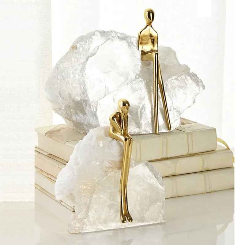 Creative Natural Crystal Stone Mountain Golden Character Ornament Handcraft Sculpture Golden Man Sculpture Home Decoration