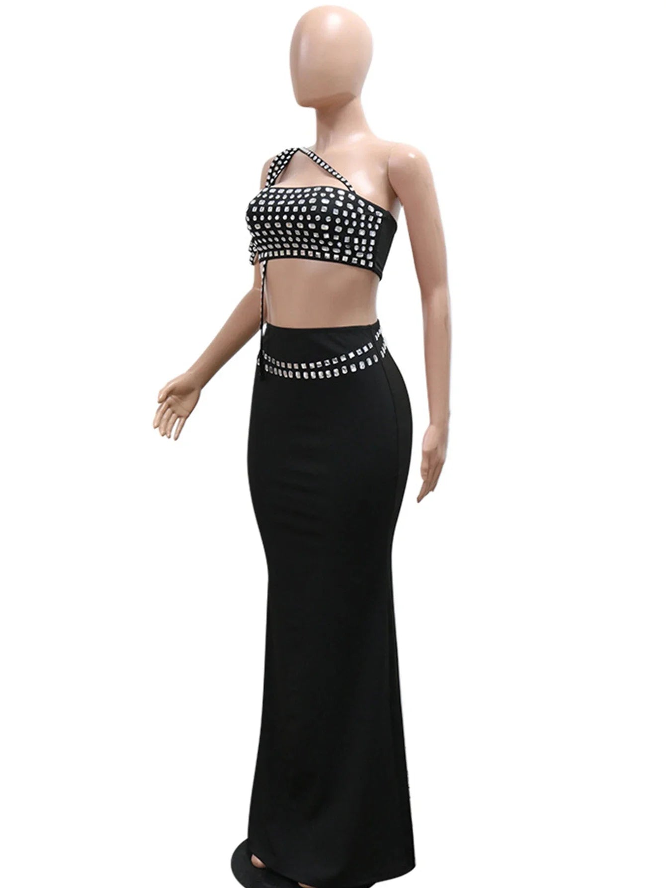 Sparkly Diamonds Tube Top Long Skirt Two Pieces Set for Women Sexy Celebrate Evening Prom Birthday Photo Shoot Dress Stage Wear