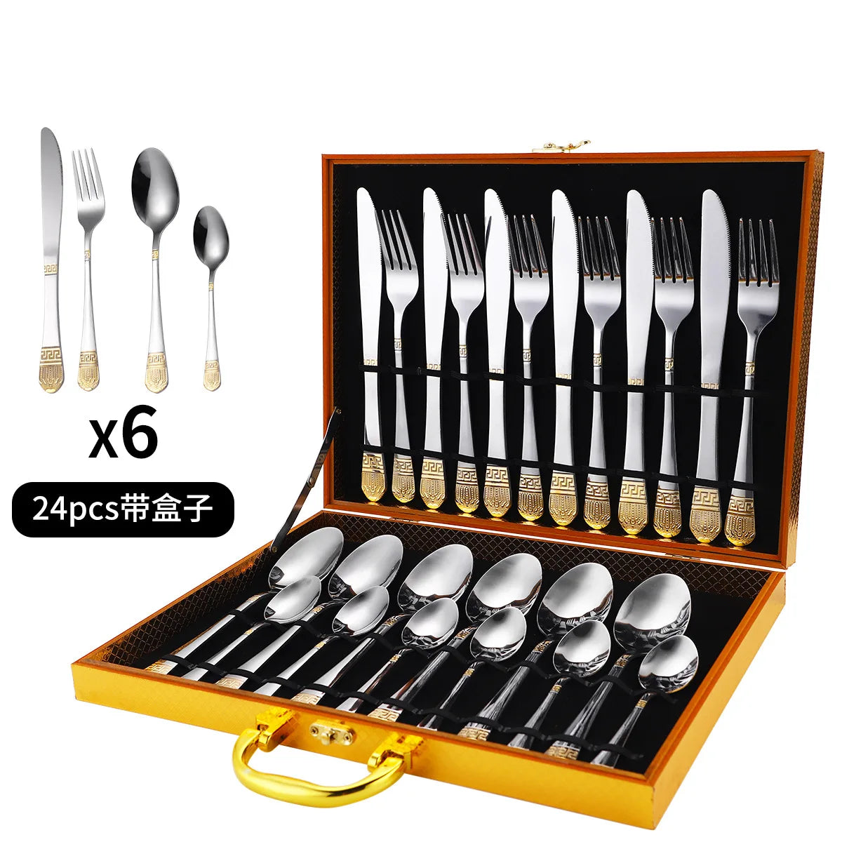 Russian stainless steel tableware set, Crown knife, fork, spoon, gift box packaging for kitchen 24-piece set, Boutique tableware