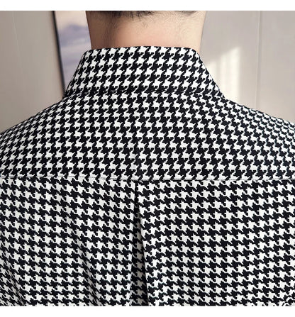 High Quality Vintage Houndstooth Long Sleeve Social Shirts For Men Clothing 2024 Business Slim Fit Casual Prom Tuxedo Non-Iron