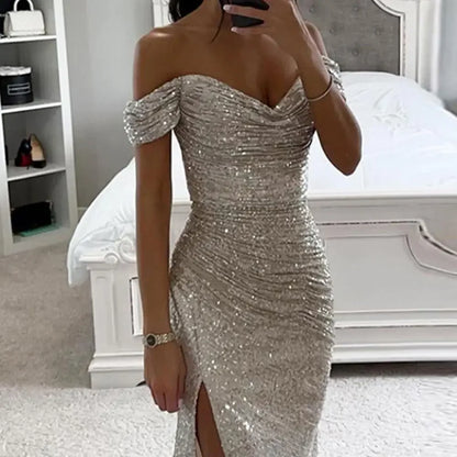 Summer Dress SkinnySequin Pleated Split Maxi Bodycon Dress Slim Fit Off Shoulder Evening Party Prom Dress Birthday Clubwear