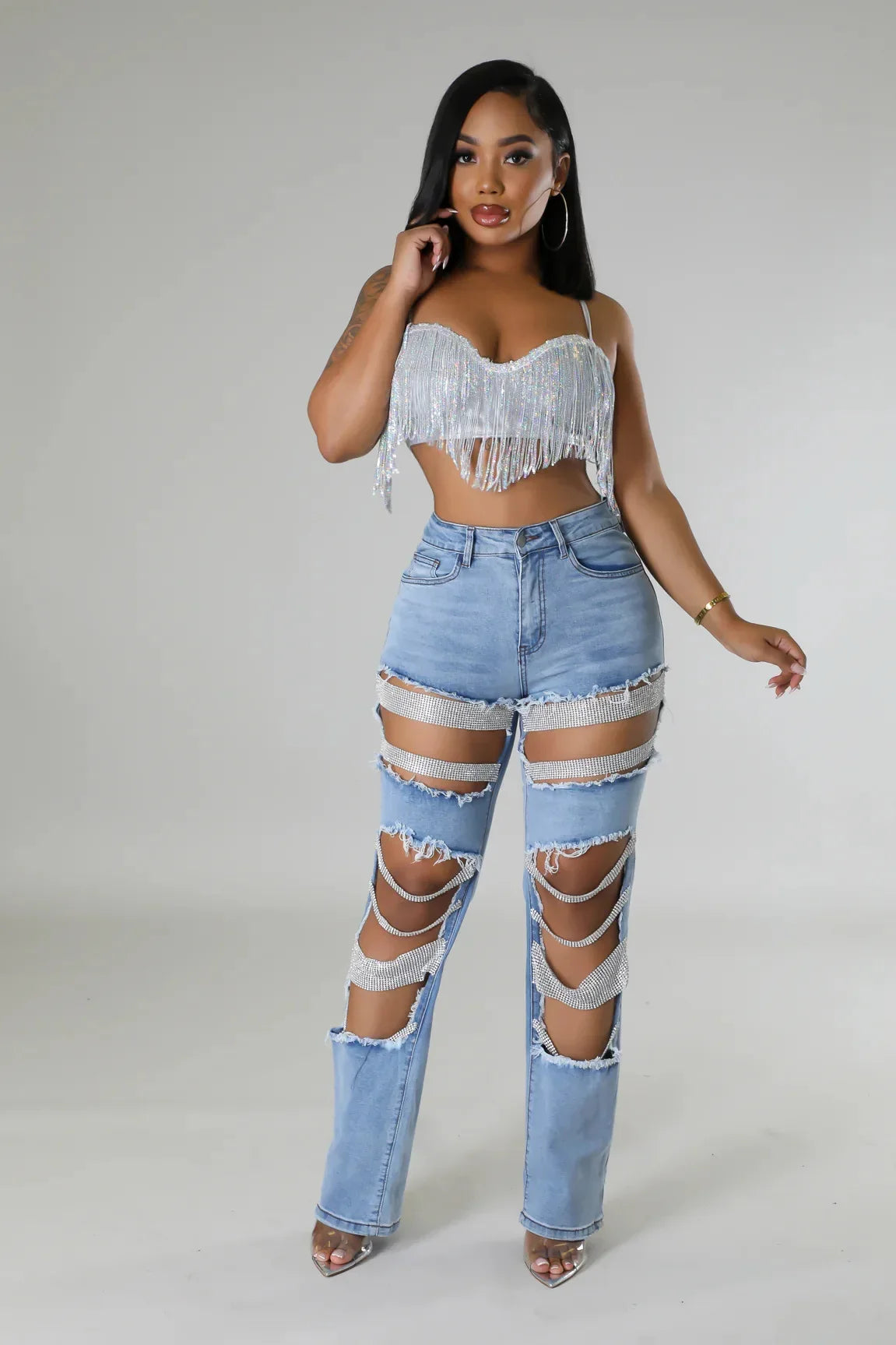 Spice Girl Summer Pants Ripped Heavy Industry Beaded Elastic Jeans Trousers Women JEANS