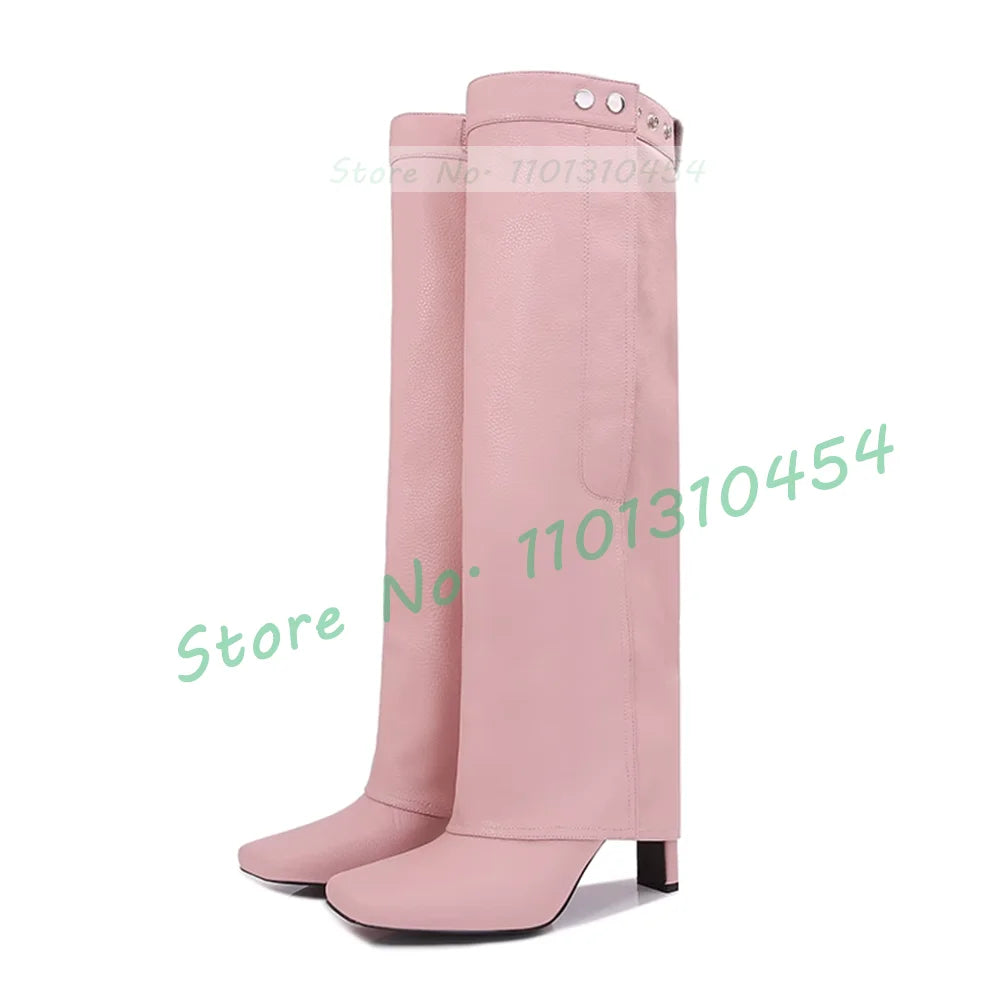 Black Square Toe Foldover Leather Boots Women Elegant Block High Heels Pink Winter Dress Shoes Female Casual Metal Buttons Boots