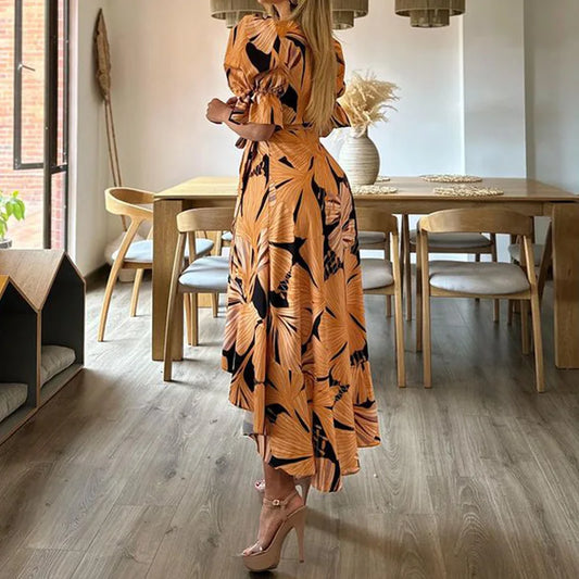 Women's Printed V-neck Short Puff Sleeve Dress 2024 Spring Summer New Dress Women's High Waist Slim Fit Ruffled Irregular Dress