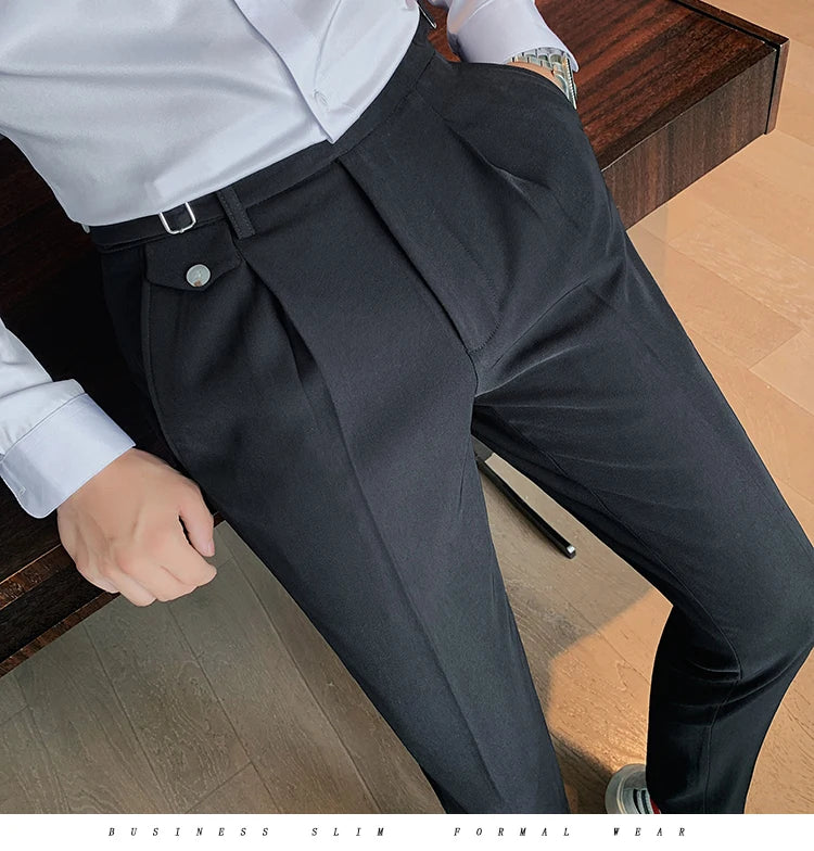 British Style New Solid High Waist Suit Pant Men Business Formal Wear Trousers 2024 High Quality Slim Casual Office Suit Pants