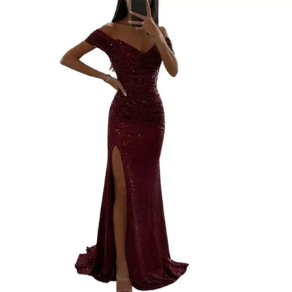 Summer Dress SkinnySequin Pleated Split Maxi Bodycon Dress Slim Fit Off Shoulder Evening Party Prom Dress Birthday Clubwear