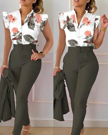 Womens Two Piece Sets Outfit Geometric Print Flutter Sleeve Top & Pants Set with Belt New Fashion 2023 Summer Casua Suit