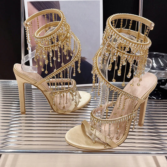 Eilyken Golden Crystal Rhinestone Women's Sandals Fashion String Bead Nightclub Stiletto Heel Wrap Strap Peep Toe Summer Shoes