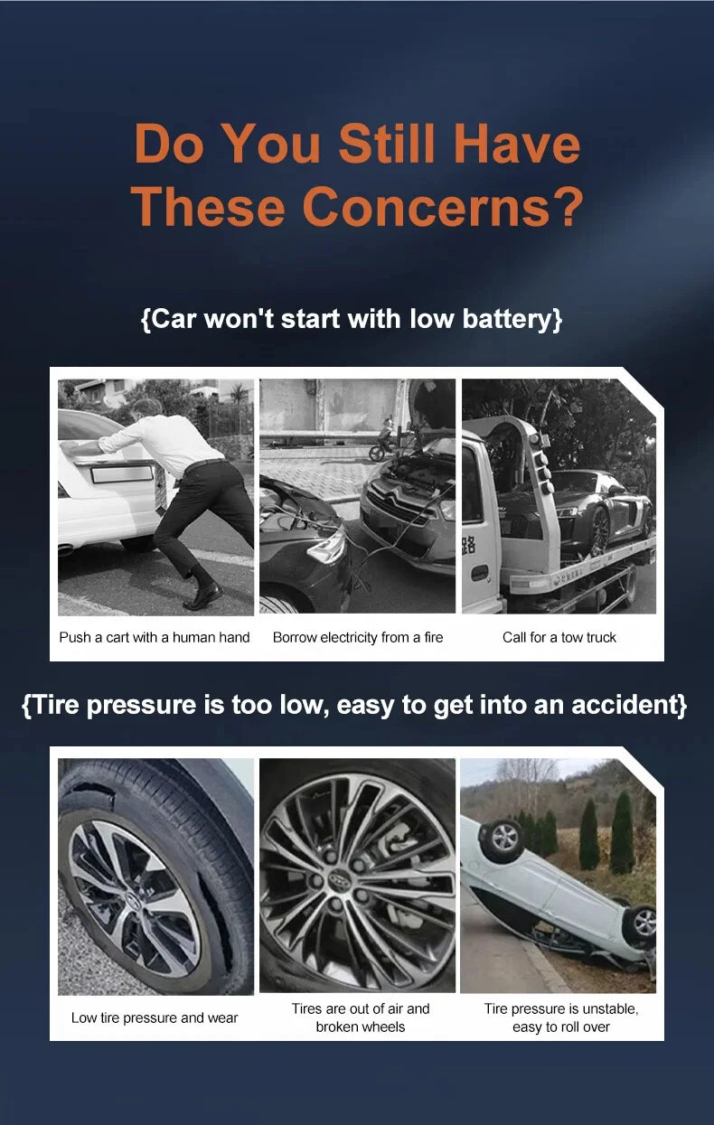 Démarreur de saut de voiture 12V 4 en 1, pompe de gonflage de pneus sans fil, compresseur d'air, batterie portable, démarrage, charge rapide