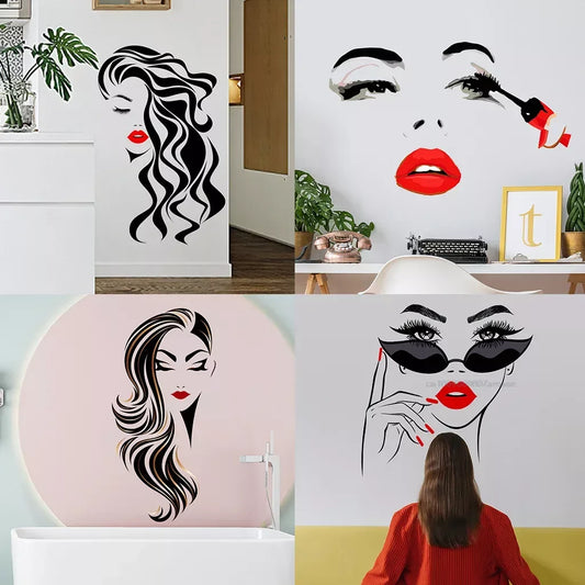 Beauty Female Face Wall Sticker Decal Beauty Studio Wallpaper Cosmetic Makeup Wall Art Sticker Mural Removable Salon Decoration