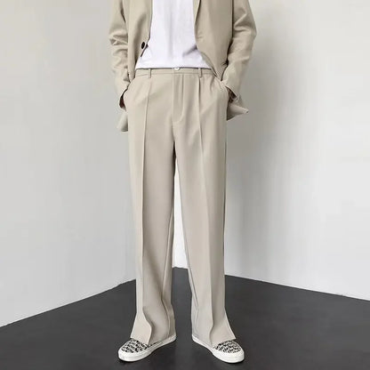 Men Casual Pants 2024 Summer New Fashion Korean Slim Suit Pants Personality Slit Wide Blazer Trousers Male Streetwear