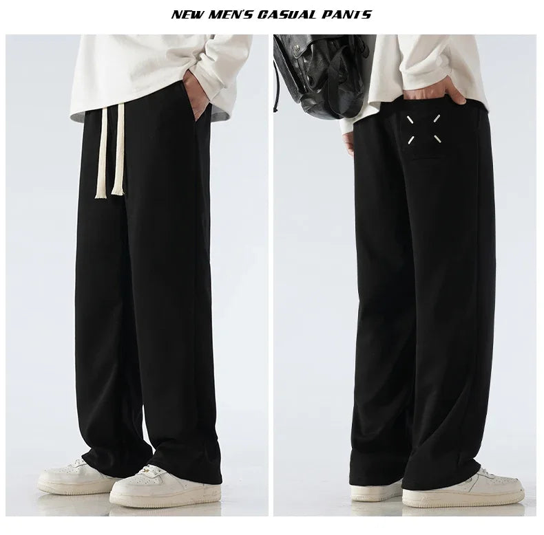 Men's Pants Wide Leg Cotton Fabric Straight Loose Outdoor Solid Color Knitted Sweatpants High-quality Soft Long Baggy Trousers