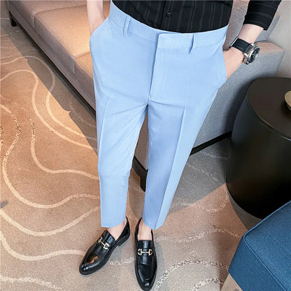 9 Color Summer Fashion Mens Suit Pants Pure Color Business Formal Pants Slim Fit Office Mens Wedding Social Ankle Long Trousers