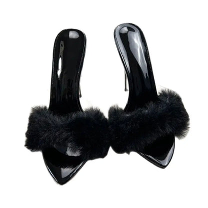 New Pointed Black fur Sole High Heel Shoes for Women with a Distinctive Style Wearing Ultra High Heel Half Slippers Externally