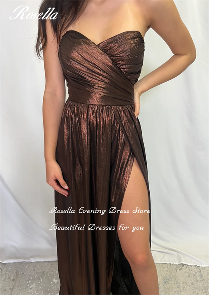 ROSELLA Brown Sexy Evening Gowns Pleated A Line Formal Prom Dress Sweetheart Floor Length High Split Vestido De Festa New 2023