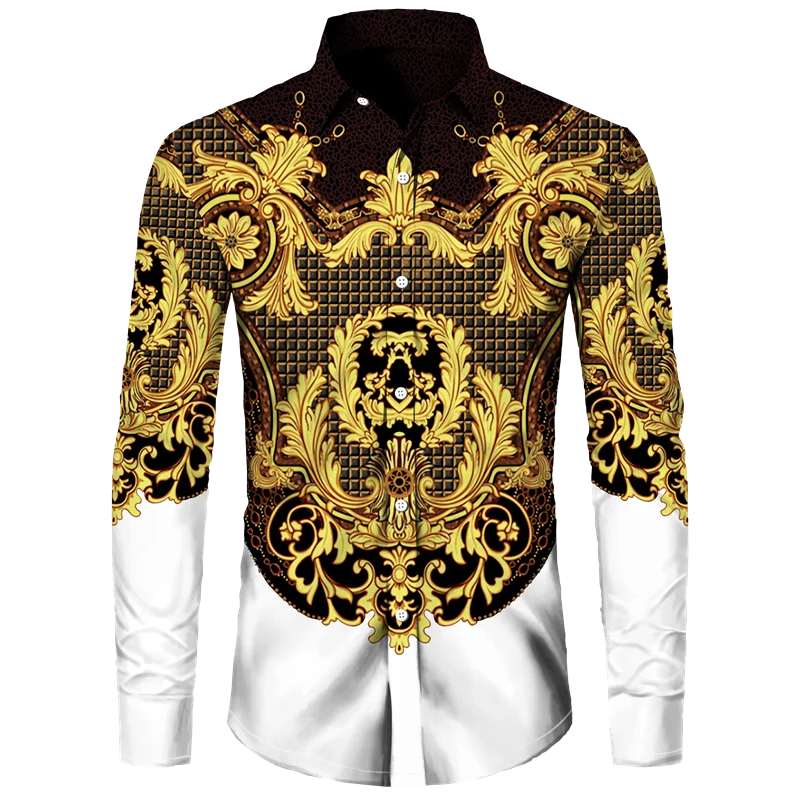 Golden Flower Pattern Print Men's Shirts Casual Single-Breasted Cardigan Long Sleeve Shirt Fashion Trend Tops Men Clothing