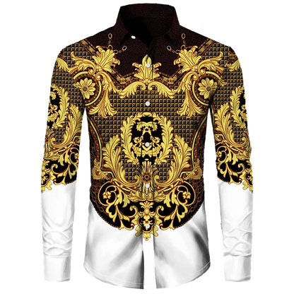 Golden Flower Pattern Print Men's Shirts Casual Single-Breasted Cardigan Long Sleeve Shirt Fashion Trend Tops Men Clothing