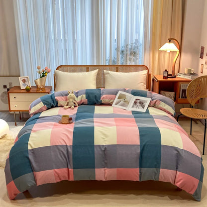 Geometric Plaid Duvet Cover 100% Cotton Queen Size Bedding Multicolor Buffalo Grid Skin-friendly Soft Quilt Cover with Zipper