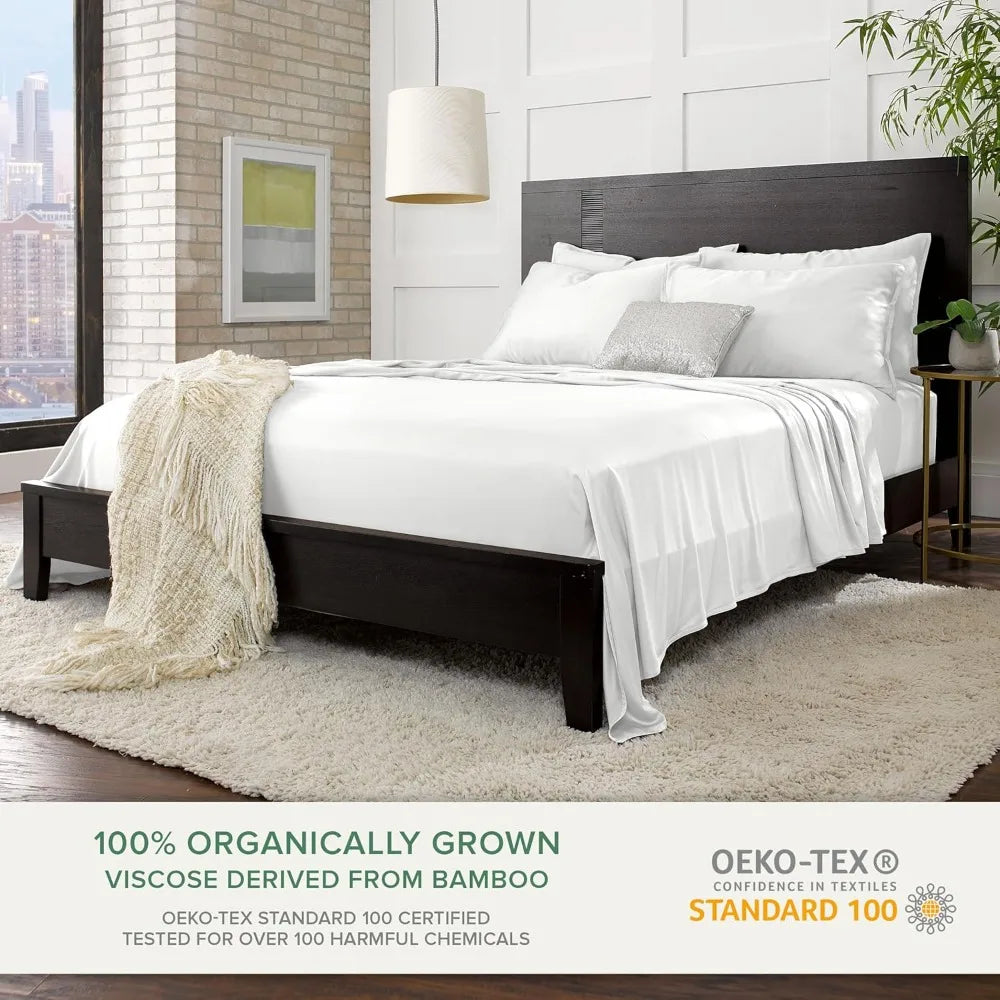 Genuine 100% Organic Viscose Derived from Bamboo Bed Sheet Set, Luxuriously Soft & Cooling, Double Stitching