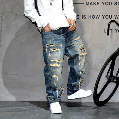 Mens Ripped Baggy Jeans Distressed Denim Streetwear Skateboard Pants Straight Leg Patchwork Oversized Urban Fashion Workwear