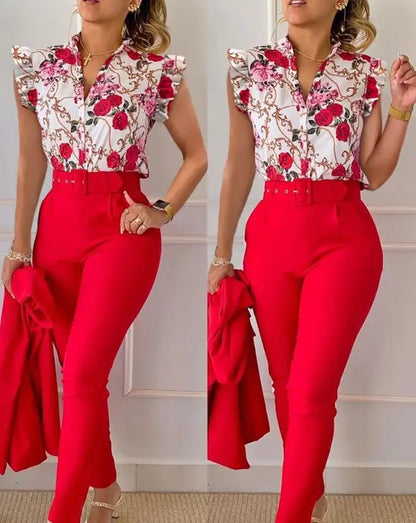 Womens Two Piece Sets Outfit Geometric Print Flutter Sleeve Top & Pants Set with Belt New Fashion 2023 Summer Casua Suit