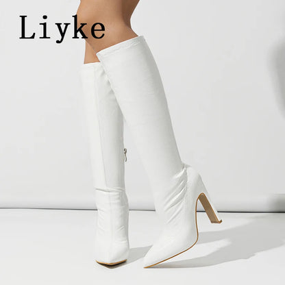 Liyke Autumn Winter Knee High Boots Women Black Snake Print Leather Pointed Toe Party Stripper High Heels Zip Long Shoes Female