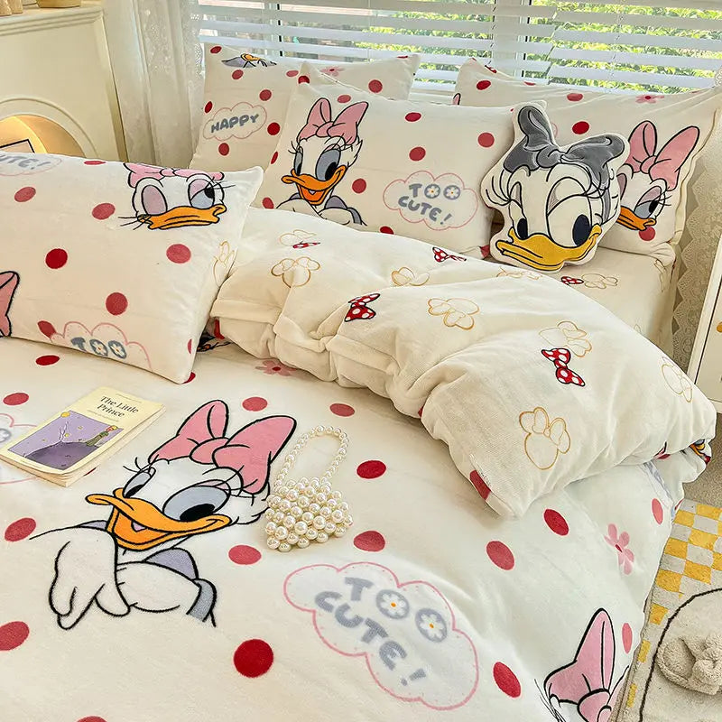 Pooh Bear Daisy Mickey Lotso Minnie cute cartoon pattern soft and warm milk velvet bed sheet and quilt cover four-piece set