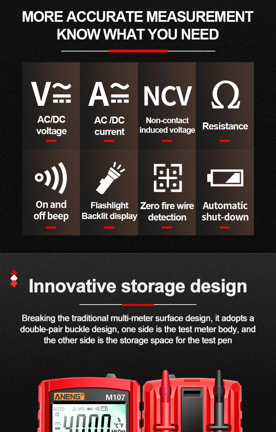 ANENG M107 Profesional Digital Multimeter 4000 Counts Auto Tester Digital Multimetre Testeur Electrique Mini Multímetro Test