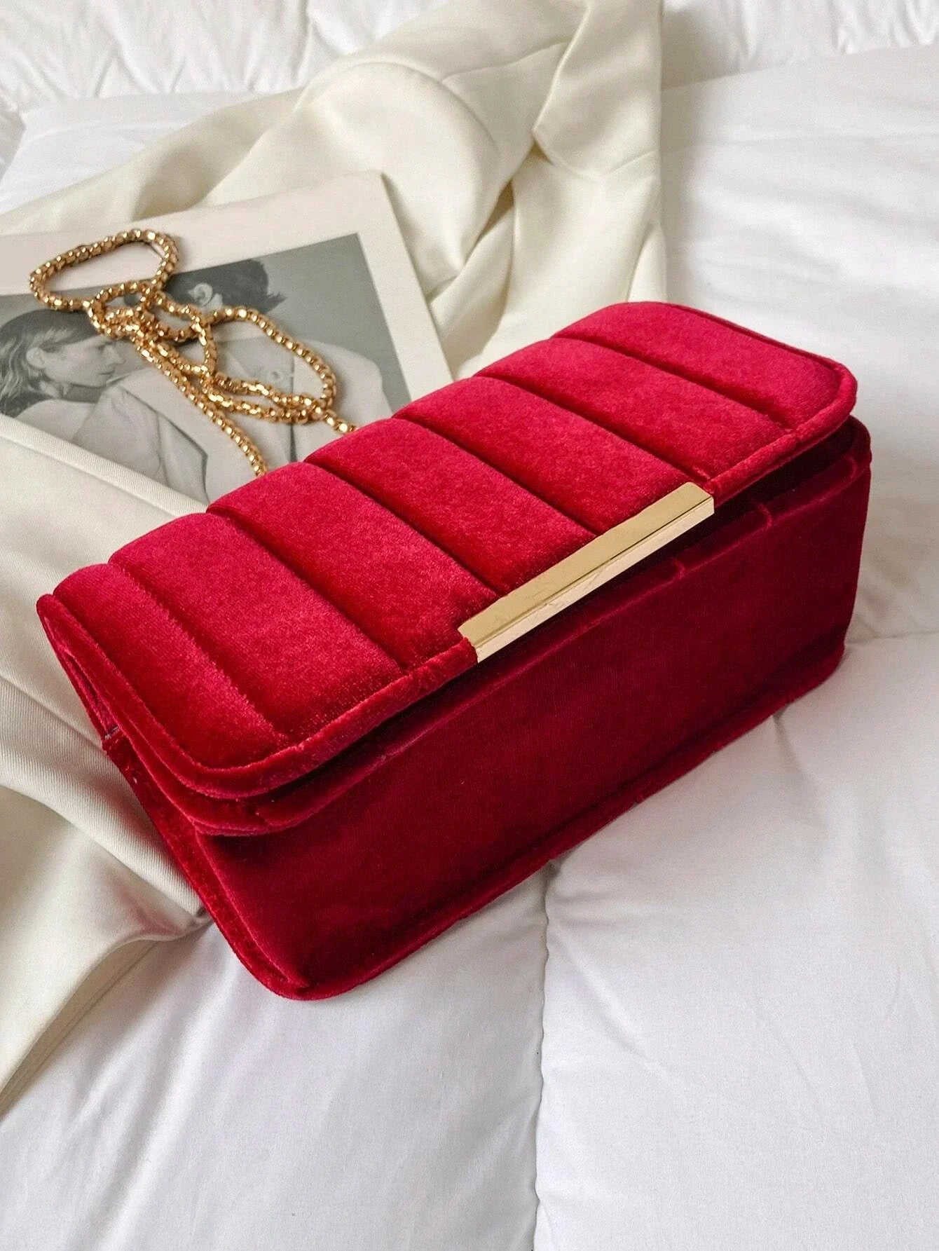 Neon Red Flap Chain Square Bag Velor Leather Fashionable Dating Gift Shoulder & Crossbody Bag With Chain Strap For Women