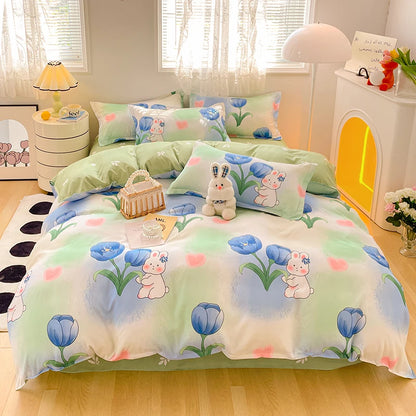 4 Pieces Bedding Set Country Romantic Lavender Flower Duvet Cover Set Purple Yellow Floral Quilt Cover Microfiber Bedspread Set