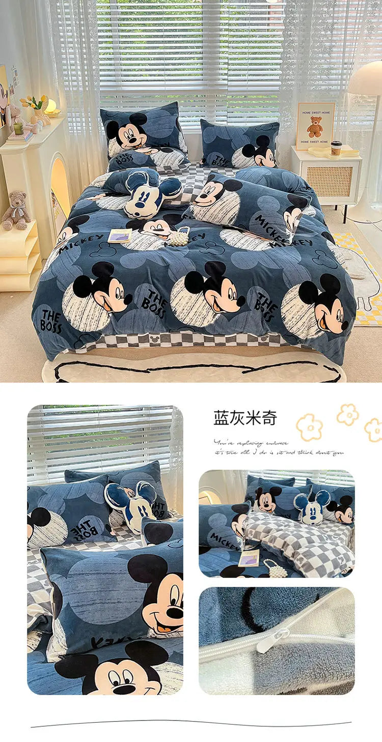 Pooh Bear Daisy Mickey Lotso Minnie cute cartoon pattern soft and warm milk velvet bed sheet and quilt cover four-piece set