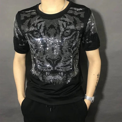 New Summer Men's T-Shirt Tiger Design Diamond Hot Drills Harajuku Sweatshirt Casual Cotton O-Neck Tops Short Sleeve Tee