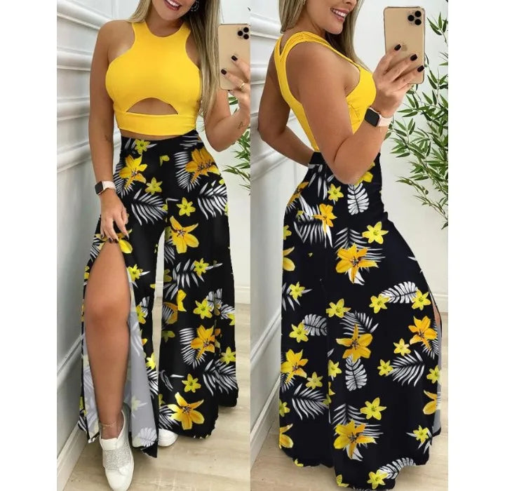 Two Piece Sets Womens Outifits 2024 Summer Print Temperament Sleeveless Slim Top & Casual High Waist Fashion Wide Leg Pants Set