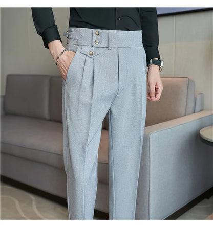 British Style Pants Men High Waist Belt Design Casual Slim Formal Office Dress Pant Men Social Wedding Party Dress Suit Trousers