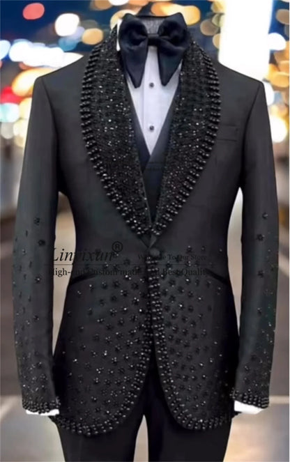 Luxurious Jewelry Ornament Tuxedos Men Suits 3 Pieces Wedding Groom Prom Blazers Shawl Lapel Male Ternos Completo Customized