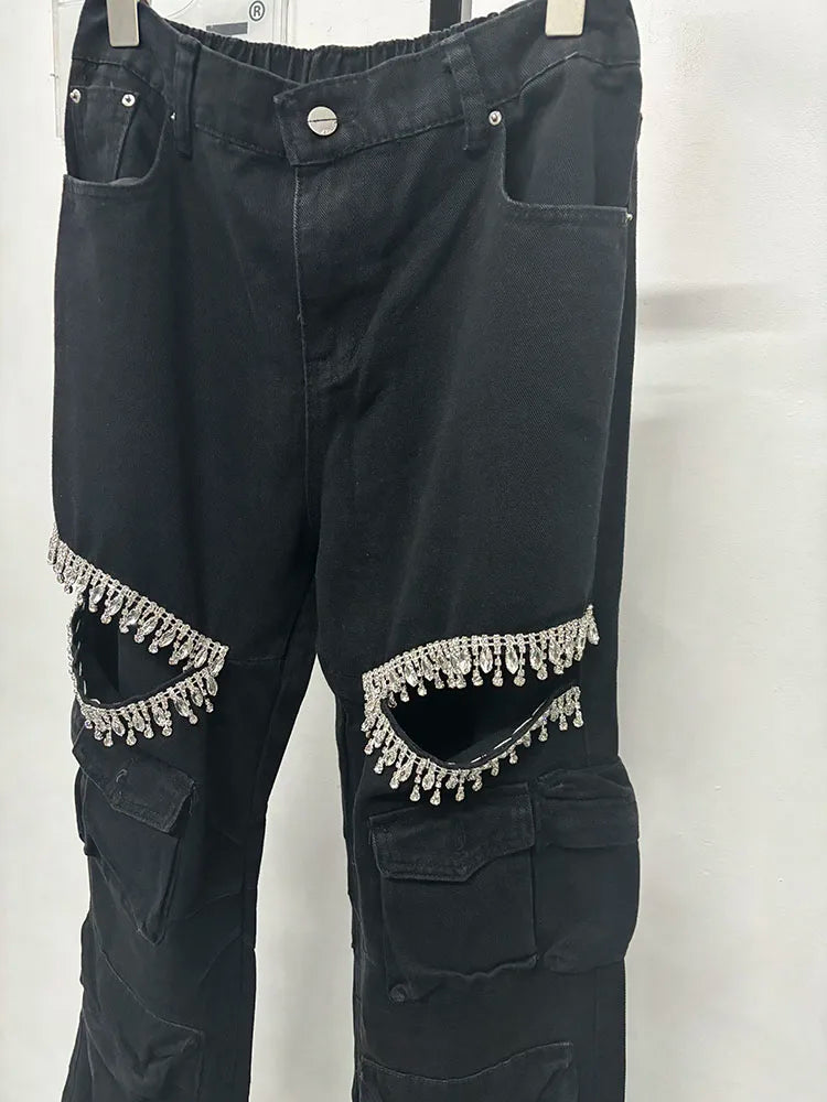 DEAT Fashion Women's Hollowed Out Diamond Denim Cargo Pants High Waist Multiple Pockets Elastic Jeans Female 2024 Autumn New