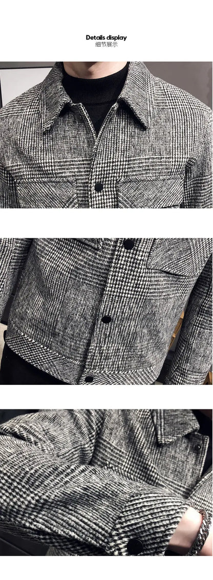 2024Autumn/Winter Men Polo Neck Woolen Jacket Fashion Slim Fit Suit Coat HighQuality Checkered Multi Pocket Korean Casual Jacket